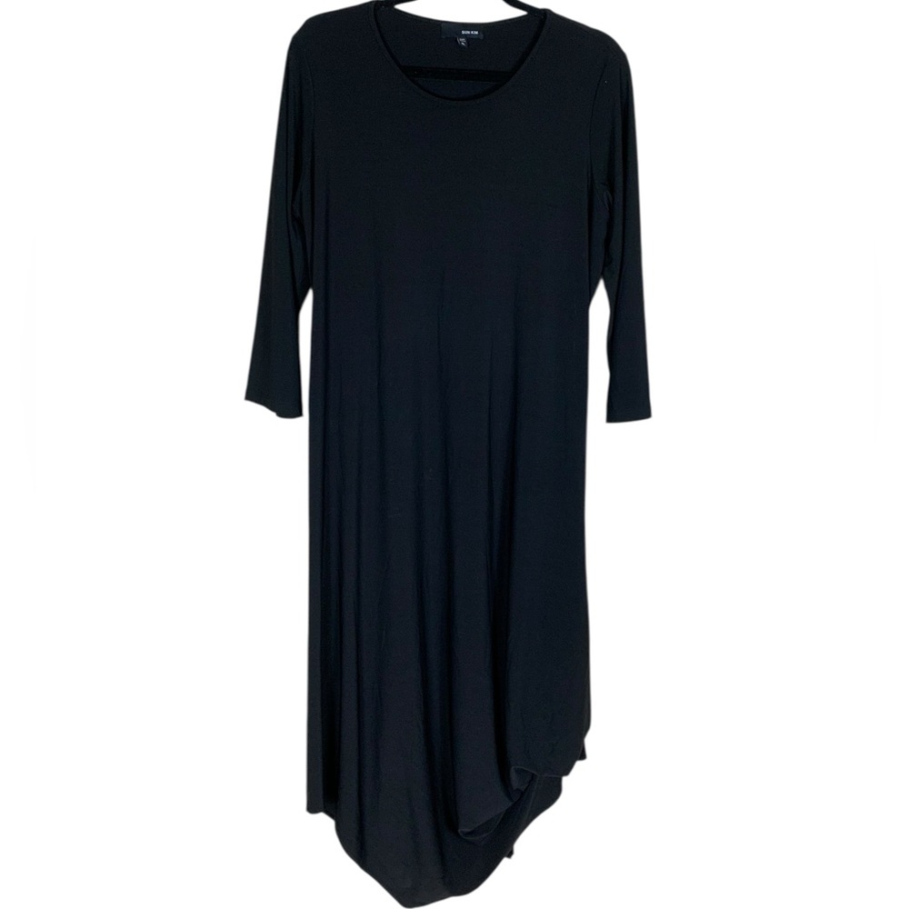 Women's Sun Kim Black 3/4 Sleeve Asymmetrical Hem Midi Dress Size XL Minimalist